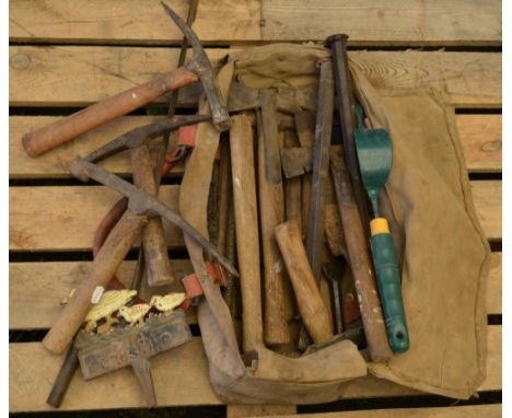 Large collection masonary tools including walling hammers, drills ect 