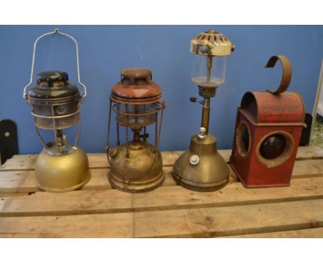 5 lamps - 2 brass bodied Tillys, workman's Cohen 600 and yellow lamps, unusual paraffin lamp 