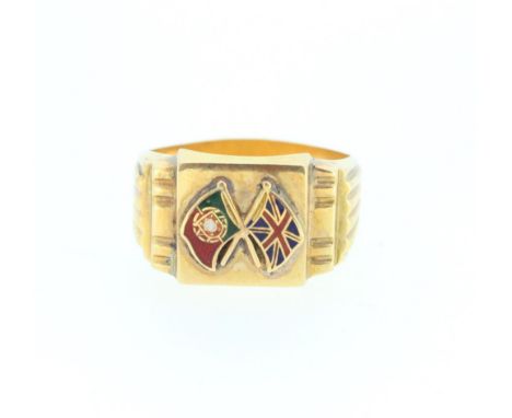 Yellow metal signet ring with Portuguese and British enamel flags to the face, continental hallmarks (worn) size V1/2 4.7g 