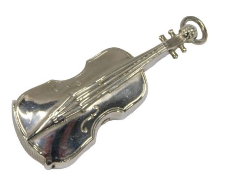 A novelty plated Vesta case, modelled as a violin or cello, engraved 'WH Fox' to the reverse, 7cm high.