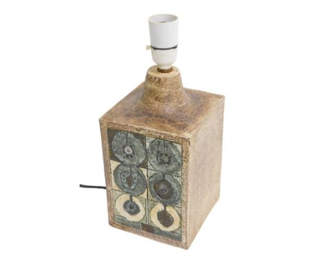 A Troika studio pottery lamp base, decorated with roundels in turquoise, on a textured ground, stamped AB, for Avril Bennet, 