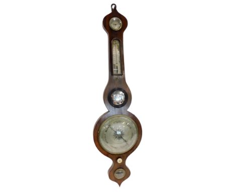 A mid 19thC rosewood cased wheel barometer, with thermometer, mirror, silvered dial and level, 100cm high.