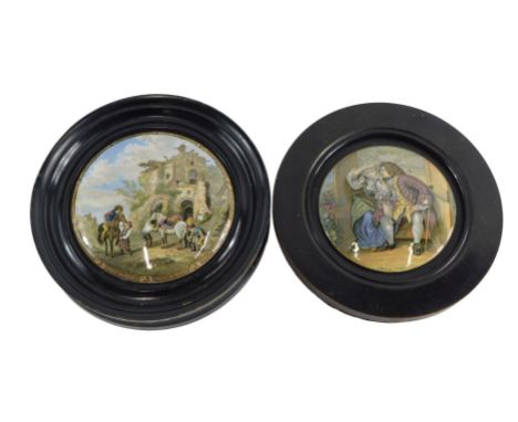 A 19thC Prattware pot lid Uncle Toby, and another after Wouvermans, both framed, 17cm diameter overall.