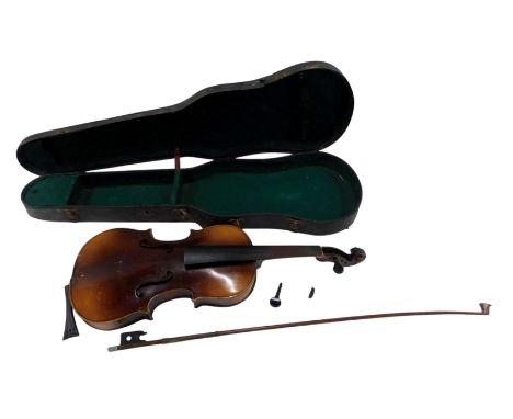 A T.A.S German Antonio Stradivarius copy violin, with two piece back, length of back, 33.5cm, and a bow. (AF)