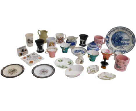 Miscellaneous ceramics, to include a 19thC cane ware relief moulded jug decorated with a huntsman with hounds, etc., a 19thC 
