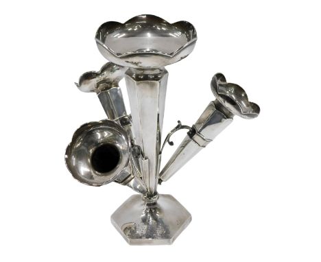 A George V silver epergne, with central vase, with three trumpet shaped vases attached, each of tapering form, engraved 'pres