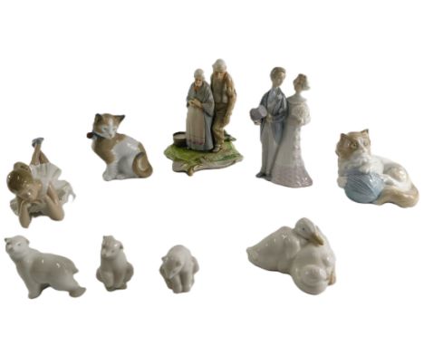 A Lladro porcelain figure of a married couple, Nao recumbent ballerina, two Nao cats, Nao geese, three polar bears, and a Cap