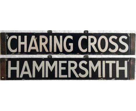 London Underground District Line (District Railway?) enamel DESTINATION PLATE for Charing Cross/Hammersmith. Double-sided, re