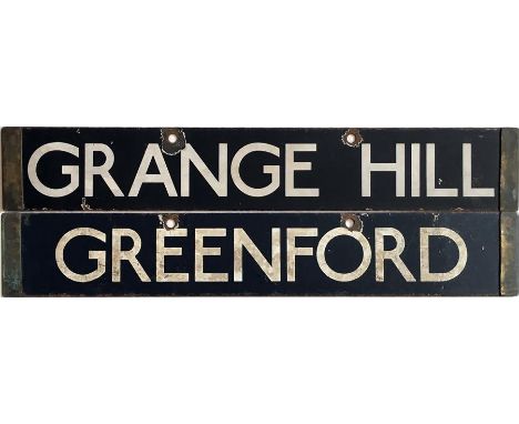 London Underground Standard (1920s) Tube Stock enamel DESTINATION PLATE for Grange Hill/Greenford on the Central Line. Double