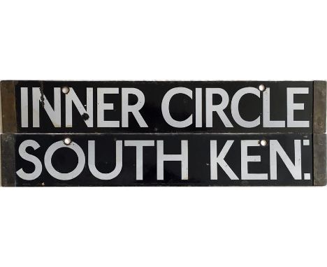 London Underground O/P/Q-Stock enamel DESTINATION PLATE for 'Inner Circle' and 'South Ken' as used on the District and Circle
