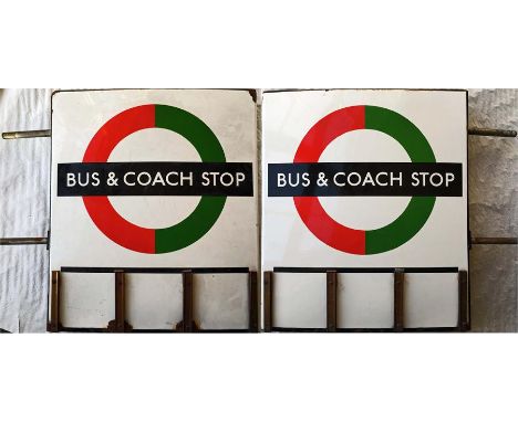 London Transport enamel BUS & COACH STOP FLAG (Compulsory) in E3 size with runners for 3 e-plates on each side. A double-side