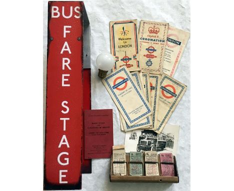 Selection of London Transport MEMORABILIA including an enamel BUS FARE STAGE SIGN, double-sided with fixing bracket for bus s