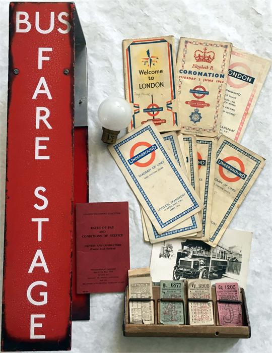 Selection of London Transport MEMORABILIA including an enamel BUS FARE
