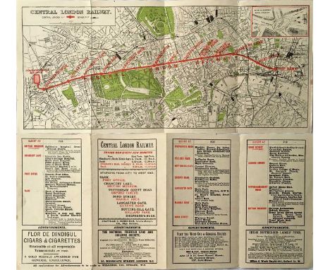 c1902 Central London Railway fold-out POCKET MAP produced to promote its service from Bank to Shepherds Bush. The line is sup