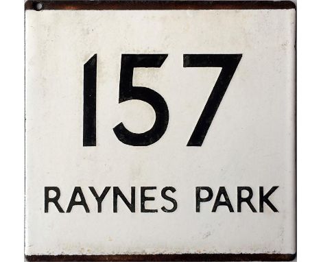 London Transport bus stop enamel E-PLATE for route 157 'Raynes Park'. Thought to have been located at Morden Station. In ex-b