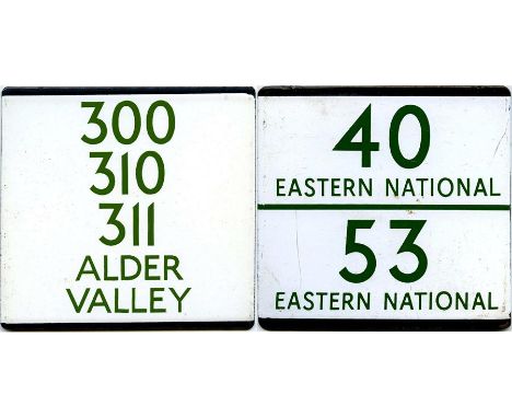 London Transport bus stop enamel E-PLATES for Alder Valley routes 300, 310 & 311 and Eastern National routes 40 & 53. In very