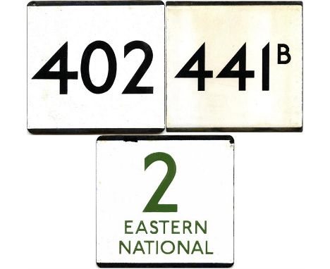 London Transport bus stop enamel E-PLATES for routes 402, 441B and 2 Eastern National (green digits). In good, ex-bus stop co