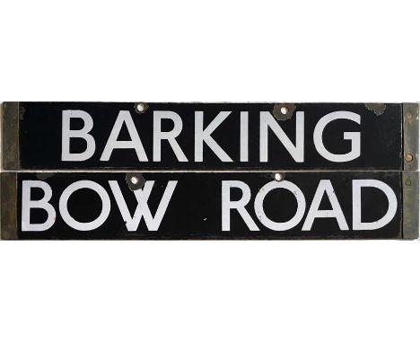 London Underground CO/OP Stock enamel DESTINATION PLATE for Barking/Bow Road on the Hammersmith & City Line. Double-sided, re