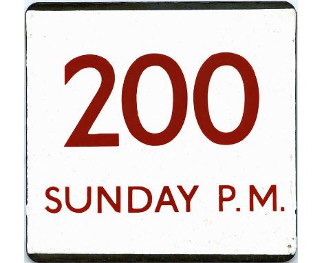 London Transport bus stop enamel E-PLATE for route 200 Sunday PM in red lettering. This would have been located on the sectio