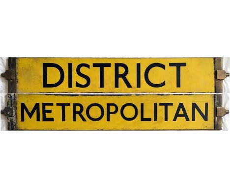 London Underground O/P/Q-Stock enamel DESTINATION PLATE reading 'District' on one side and 'Metropolitan' on the other. Black