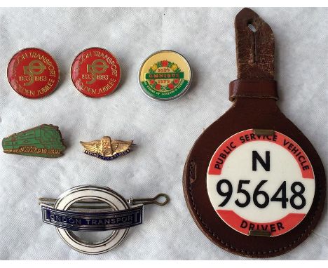 Collection of BADGES comprising Driver's PSV BADGE (London) plus leather holder, LT CRS Flying Club LAPEL BADGE, bus driver's
