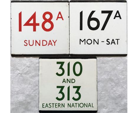 Selection of London Transport bus stop enamel E-PLATES for routes 148A Sunday (red digits), 167A Mon-Sat and 310 and 313 East