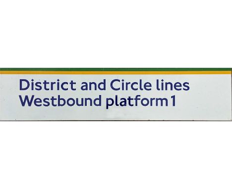 London Underground flanged ENAMEL SIGN 'District and Circle Lines, Westbound platform 1' in 1980s style with the line colours
