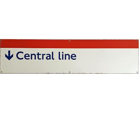 London Underground ENAMEL STATION SIGN 'Central line' with down-facing arrow. In 1980s style with line colour at top edge. Me