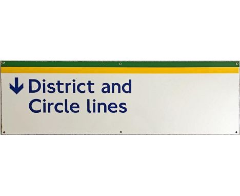 London Underground ENAMEL STATION SIGN 'District & Circle lines' with down-facing arrow. In 1980s style with line colours at 