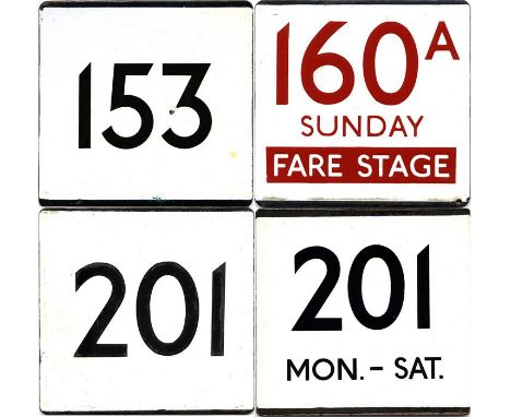 London Transport bus stop enamel E-PLATES for routes 153, 160A Sunday Fare Stage (red digits), 201 and 201 Mon.-Sat. In good,