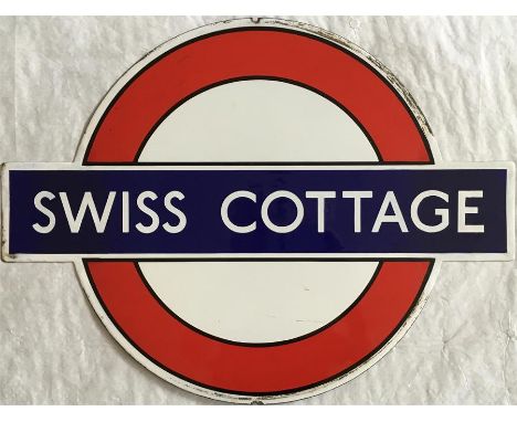 1930s London Underground enamel PLATFORM BULLSEYE SIGN from Swiss Cottage station on the Bakerloo (now Jubilee) Line. A small