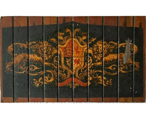 A Pullman wooden CARRIAGE PANEL bearing the company's crest (coat of arms). Measuring 24" x 14" (61cm x 36cm), the style of p