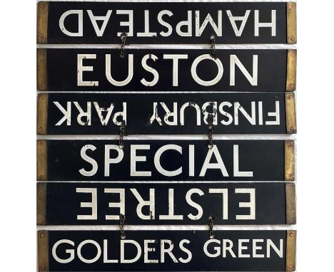 A set of London Underground 38-Tube Stock enamel DESTINATION PLATES for the Northern Line, on original chains, comprising Els