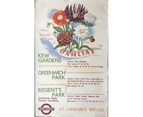 Original 1935 London Transport double-royal POSTER 'Dahlias' (Special shows at Kew Gardens etc) by Dora Batty (1900-1966) who