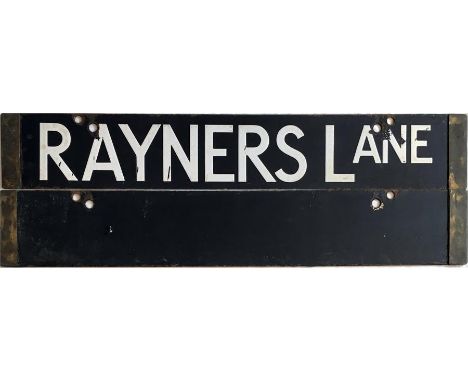 London Underground Standard (1920s) Tube Stock enamel DESTINATION PLATE for Rayners Lane on the Piccadilly Line. Blank revers