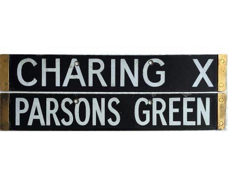 London Underground Q/CO/CP Stock enamel DESTINATION PLATE for Charing X/Parsons Green on the District Line. Double-sided, rev