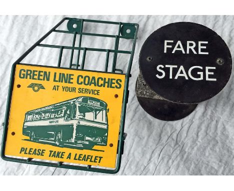 London bus/coach-related items comprising a 1960s enamel FARE STAGE SIGN, double-sided with bracket for fixing to bus stop an