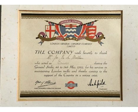 London General Omnibus Co Ltd CERTIFICATE OF THANKS for services during the General Strike 4-14 May 1926, signed by Lord Ashf