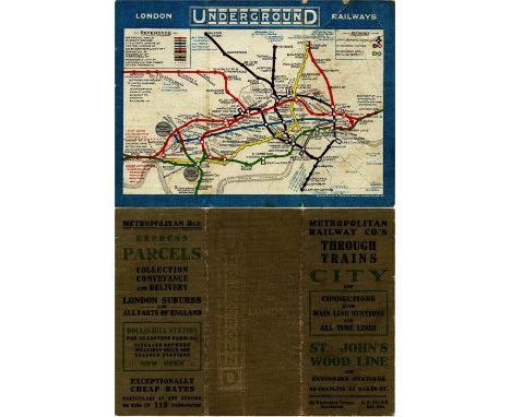 c1911 London Underground Railways CARD POCKET MAP, considered by many to be the true ancestor of today's Tube map and the fir