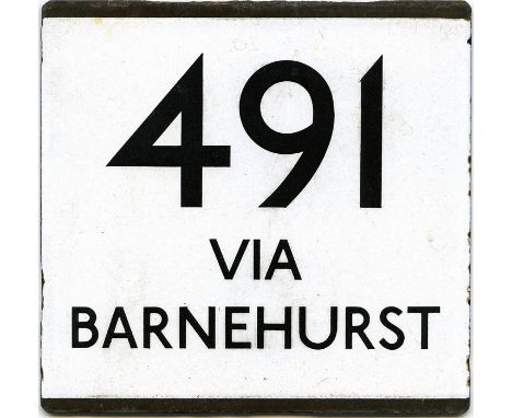 London Transport bus stop enamel E-PLATE for route 491 destinated 'via Barnehurst'. As all buses on this route went through B