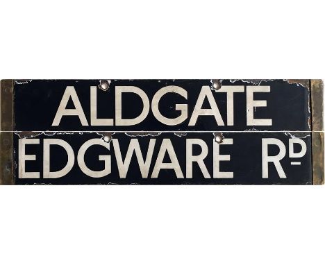 London Underground CO/OP Stock enamel DESTINATION PLATE for Aldgate/Edgware Rd on the Hammersmith & City Line. Double-sided, 