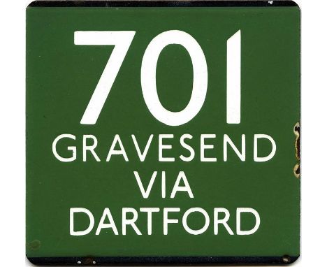 London Transport coach stop enamel E-PLATE for Green Line route 701 destinated Gravesend via Dartford. This would have been l