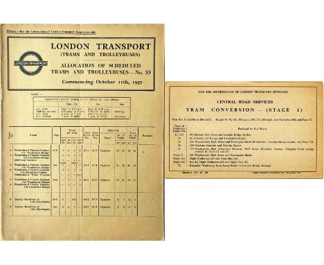 1950 London Transport ALLOCATION OF SCHEDULED TRAMS & TROLLEYBUSES, No 33, commencing October 11th (following the first stage