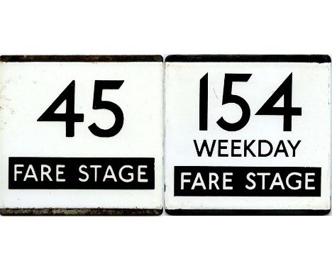 London Transport bus stop enamel E-PLATES for routes 45 Fare Stage and 154 Weekday Fare Stage. In good, ex-stop condition. [2