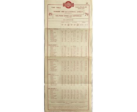 1924 Metropolitan Electric Tramways single-sided TRAM STOP PANEL TIMETABLE for routes 49 & 79 dated 4-10-24. For services fro