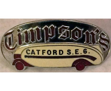 "Timpson's'' coach driver's CAP BADGE featuring a single-deck coach design with enamel inlays on chrome. Believed to date fro