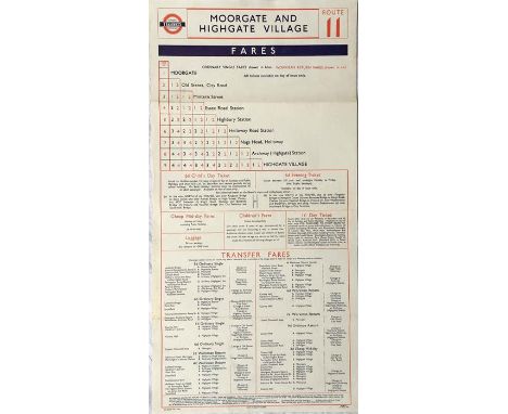 London Transport Tramways paper FARECHART dated 10 September 1939 (the week after WW2 began) for route 11 between Moorgate & 