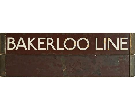 London Underground 1938 Tube Stock enamel DESTINATION PLATE reading Bakerloo Line in white lettering on a brown background, r