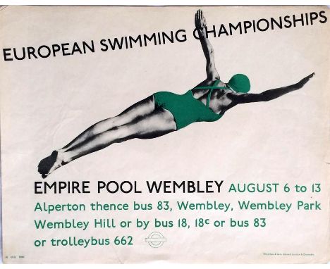 Original 1938 London Transport PANEL POSTER 'European Swimming Championships, Empire Pool, Wembley' by an unknown artist. The