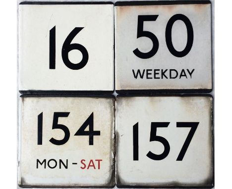 London Transport bus stop enamel E-PLATES for routes 16, 50 Weekday, 154 Mon-Sat and 157. In ex-bus stop condition. [4]